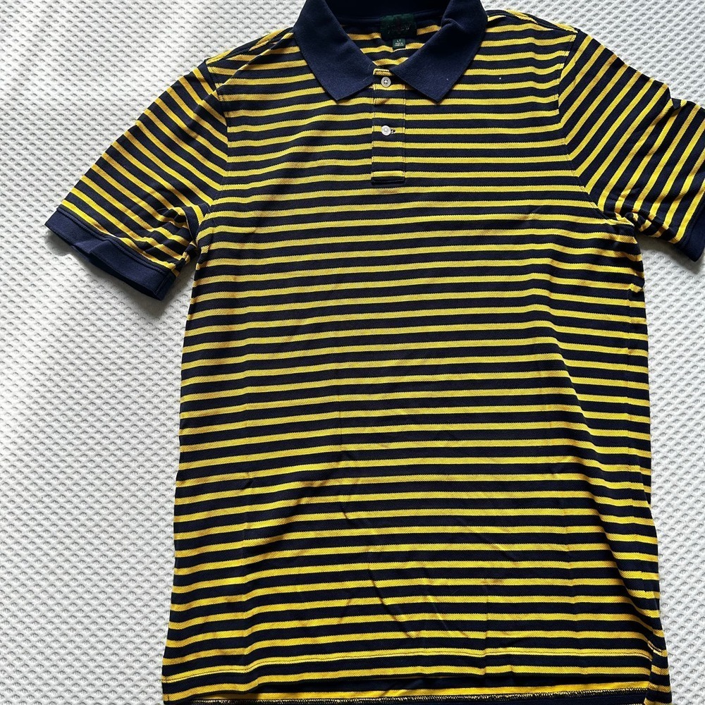 J. Crew Men Classic Pique Polo Shirt L Tall LT Navy Blue Yellow Stripe - Picture 3 of 6